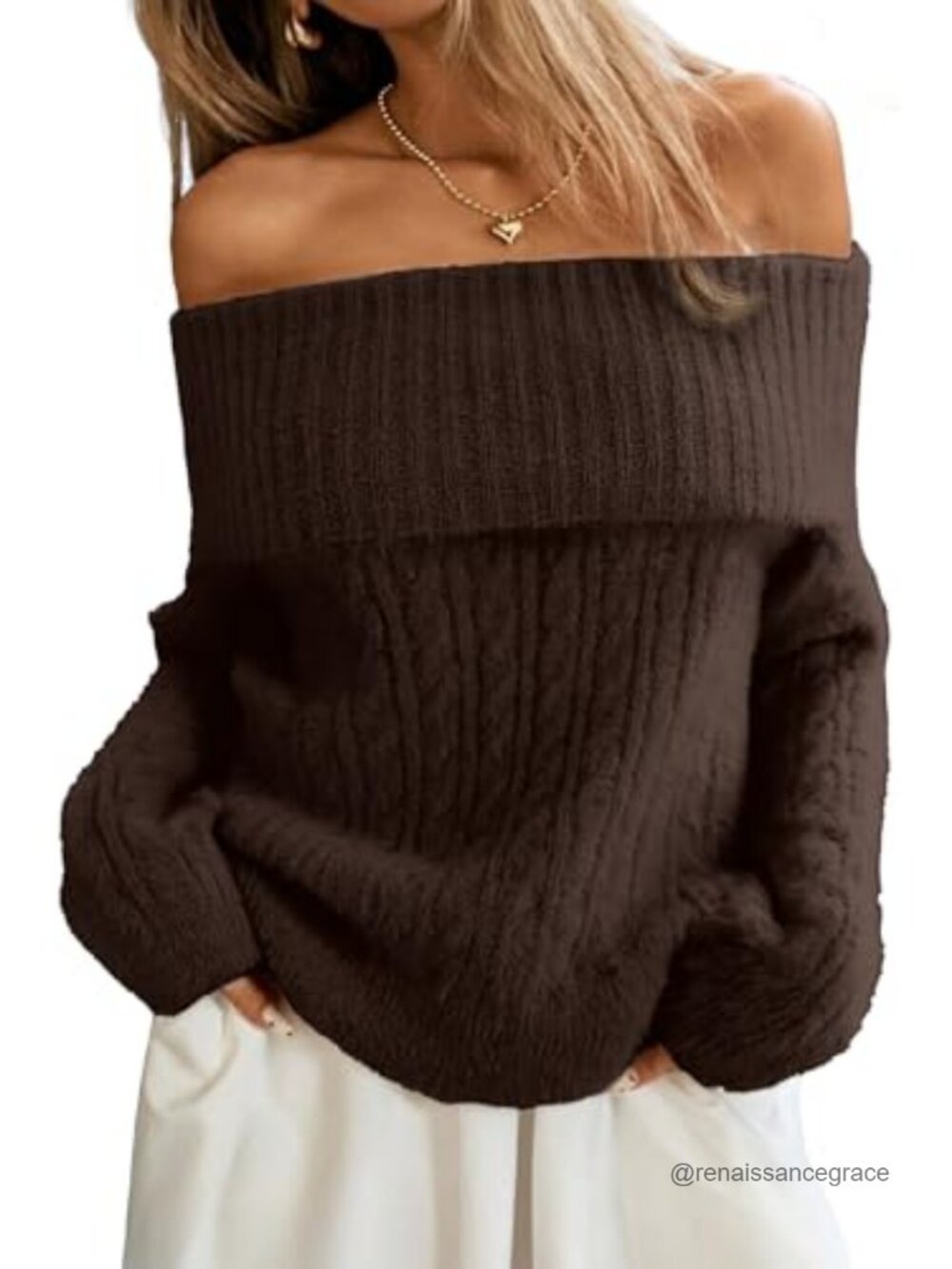 Off Shoulder Cable Knit Sweater Soft Oversized Pullover
